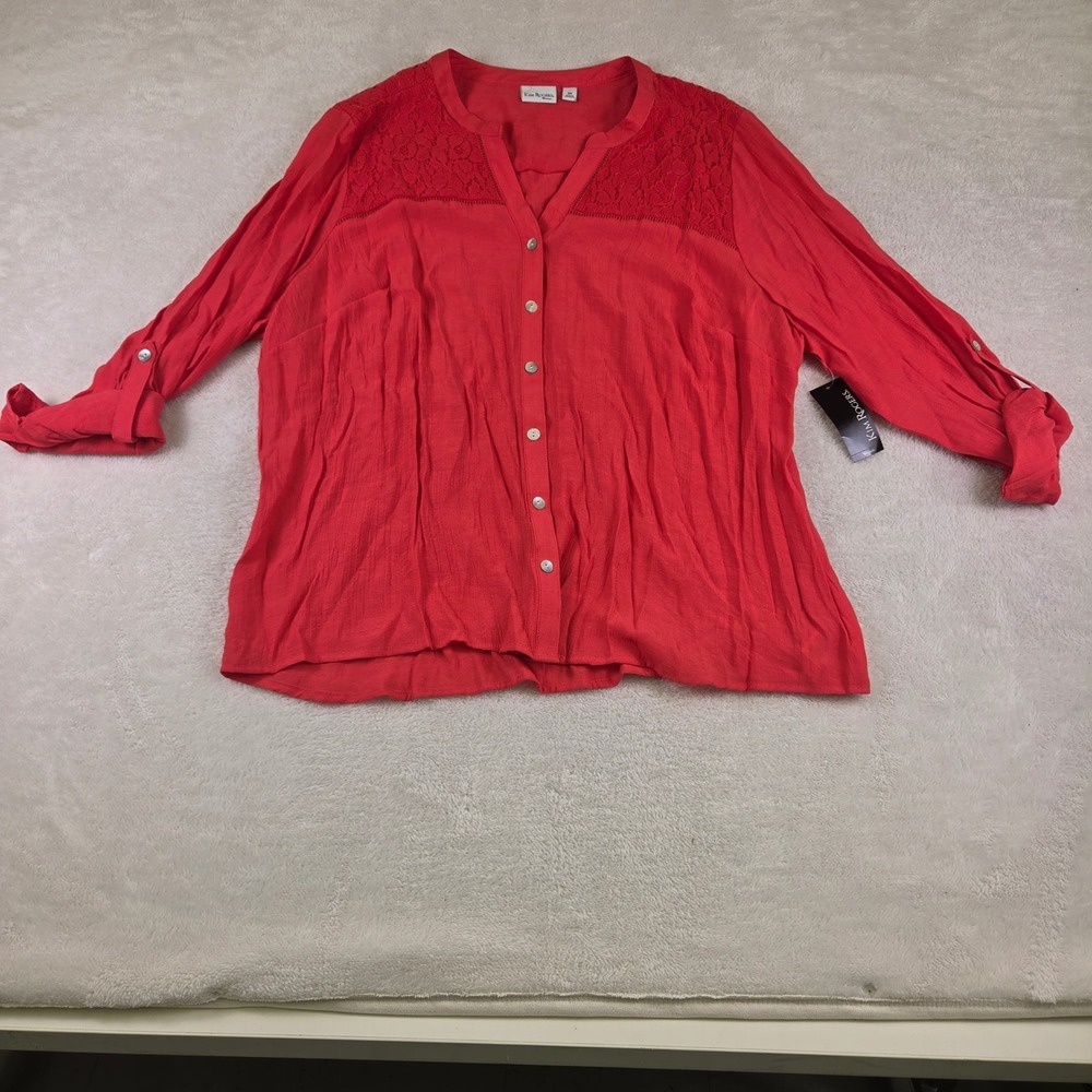 Kim Rogers Woman Red Lace Yoke Button Front Roll Tab Sleeve Blouse 3X NEW